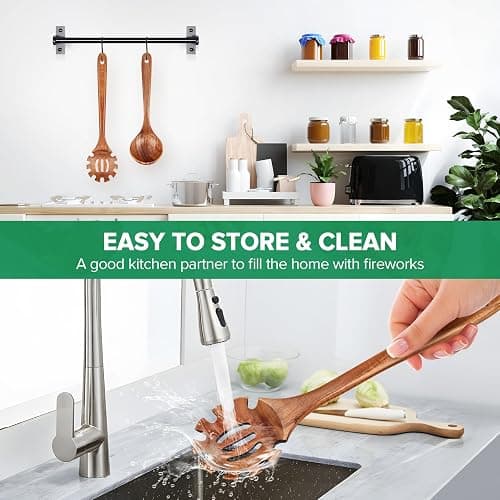 Wooden Spoons for Cooking,2 Pcs Wooden Utensil Set of Soup Ladle &Spaghetti Pasta Spoon with Teeth, Teak Wood Soup Ladle&Slotted Pasta Fork Strainer Spoon Set for Serving Collecting Noodle Gravy Sauce thumbnail 7