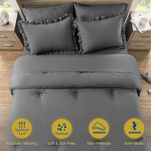 QUIETSEA Queen Bed in a Bag Dark Grey, 7 Pieces Comforter Set Queen | Ruffle Bedding Comforter Set, Shabby Chic Bed Set with Comforter, Pillowcases, Flat Sheet, Fitted Sheet and Pillow Shams thumbnail 5