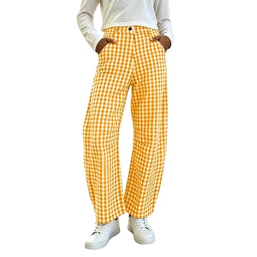 Women Barrel Checkered Pants High Waistband Baggy Lounge Trousers Fashion Plaid Wide Leg Pant with Pockets thumbnail 2