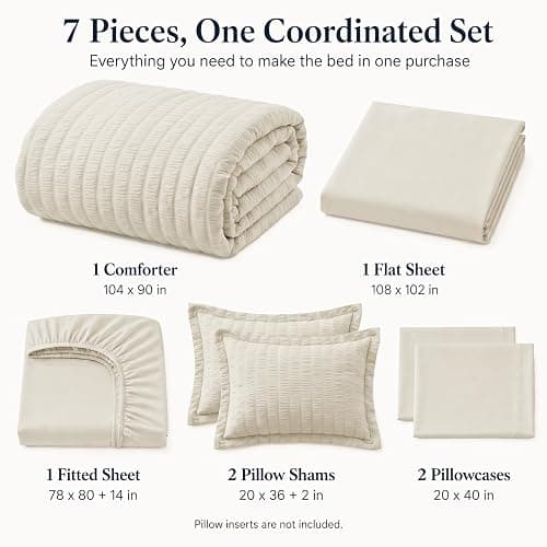 CozyLux King Size Comforter Set, 7 Pieces Oatmeal Seersucker Bed in a Bag | OEKO-TEX Certified, All Season Bedding Set with 240 GSM Down Alternative Comforter, Flat & Fitted Sheets, Pillowcases & Shams thumbnail 2