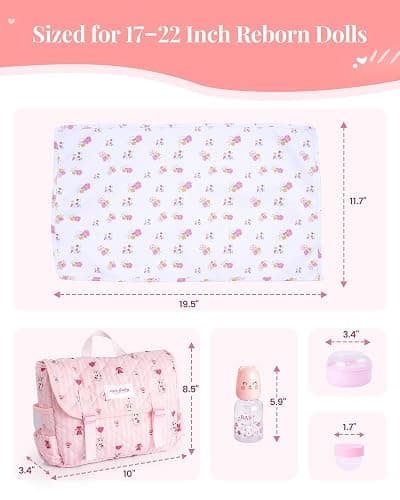 BABESIDE 9 Pcs Reborn Doll Accessories for 17-22 Inch Dolls, Diaper Bag | Diaper Bag Set with 2 Diapers, Changing Pad, Bottle, Tissue and Care Set, Great for Children's Pretend Play thumbnail 3