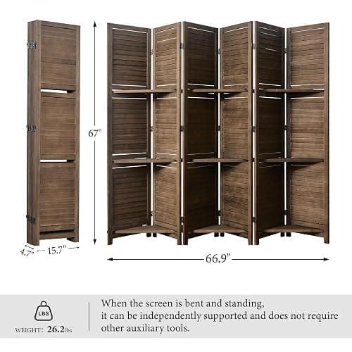 Partition Room Dividers, Folding Wood Privacy Screen with Three Display Shelves Suitable for Home Office, Study, Art Display - 6 Panel, 67 * 77inch (Brown) thumbnail 5