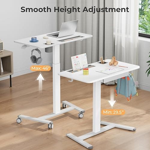 JYLH JOYSEEKER Mobile Standing Desk with Drawer, 35" Small Standing Desk with Cup Holder, Rolling Laptop Desk on Wheels, Height Adjustable Desk with Storage for Home Office, White thumbnail 6