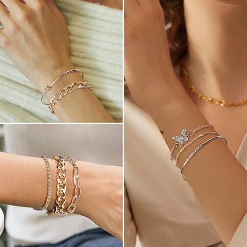 JeryWe 46 Stück Schmucksets für Damen mit 3 PCS Halskette 12 Stück Armbänder 9 Stk. Achsschenkel Ringe 10PCS Ear Cuff Ohrklemme Ohrringe und 12 Stk Vergoldete Ohrringe Schmuck-accessoires thumbnail 2