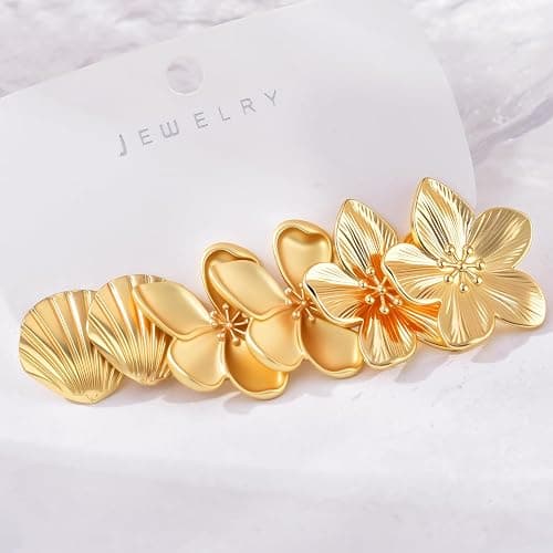 AIDSOTOU 6 Pairs Chunky Gold Earrings For Women Trendy Statement Gold Plated Flower Shell knot Dangle Earrings Lightweight Hypoallergenic Fashion Jewelry Set thumbnail 7