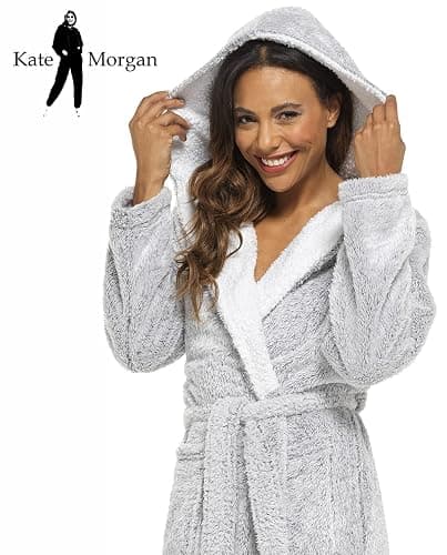 KATE MORGAN Ladies Dressing Gown Fluffy Super Soft Hooded Bathrobe for Women Plush Fleece Perfect Loungewear Long Robe | Gifts for Women thumbnail 5