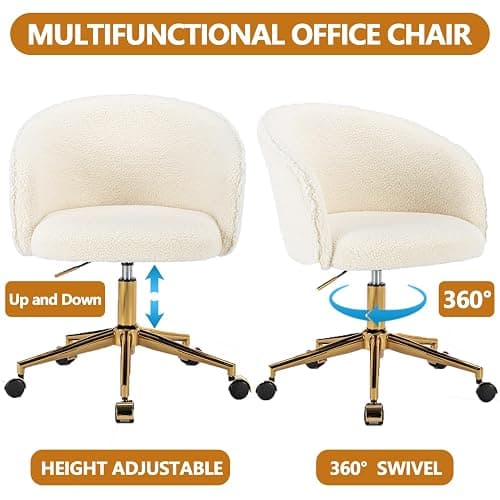 Nahenduo Cute Vanity Chair with Back, Teddy Velvet Desk Chair with Wheels and Gold Legs, Modern Makeup Chairs for Vanity Bedroom Office, Adjustable High 360 Swivel (Teddy White) thumbnail 3