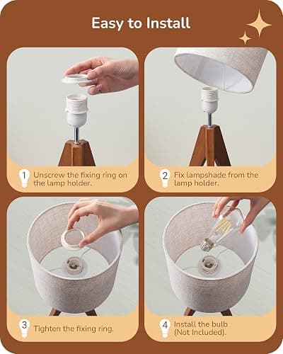 EDISHINE Tripod Table Lamp, Small Cute Bedside Lamp with Linen Beige Lampshade, Nightstand Lamp for Nursery, Bedroom, Kid Room, Living Room, Light Brown Wooden Base, E26 Socket, 14.2 Inch thumbnail 4