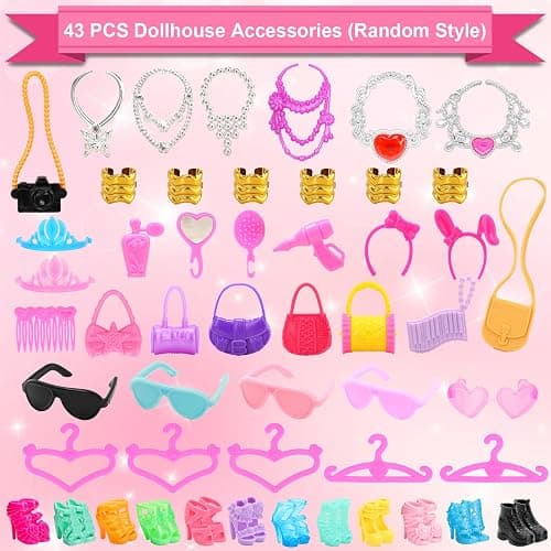 BARWA 53 pcs Doll Clothes and Accessories 10 pcs Party Dresses with 42 pcs Shoes, Crown, Necklace, Hangers, Bags, Accessories for 11.5 inch Doll thumbnail 4
