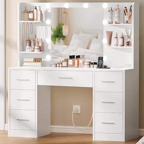 Quimoo Large Vanity Desk with LED Lighted Mirror & Power Outlet,Makeup Vanity Table with 7 Drawers,4 Shelves and 5 Hooks,Vanity Table, Vanity Desk Set for Bedroom,Bathroom,White thumbnail 3