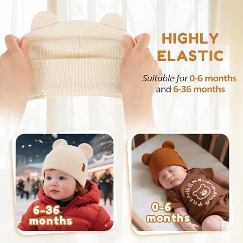 Baby Beanie Warm Winter Hat with Bear Ear for Infant Toddler Boys Girls Kids Soft Knitted Skull Cap thumbnail 5