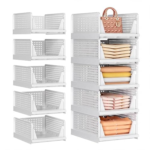 Upgraded Closet Organizers and Storage, Stackable Closet Organizer Basket | 5 Pack Foldable Closet Storage Bins for Bathroom Laundry Room Wardrobe Storage, Space-Saving Clothes Drawer Organizer - Image 1