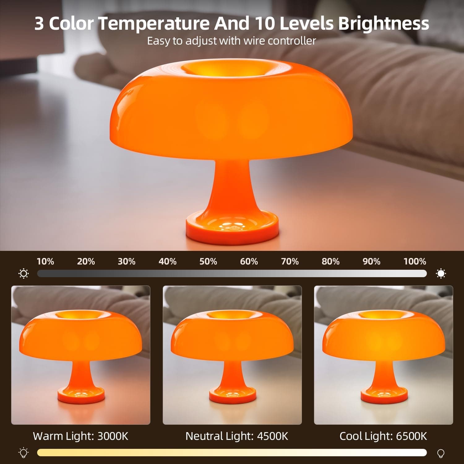 Orange Mushroom Lamp, Vintage Table Lamp, Mid Century Modern Retro Mushroom Style,Cordless Touch Lamps Bedside Charging Model,Dimmable for bedrooms Living Room Home Decor(Touch Adjustable Version) thumbnail 2