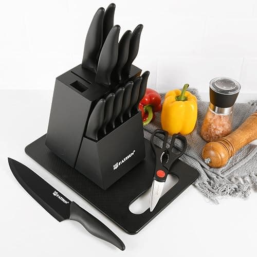 KATISUN 16 Pieces Kitchen Knife Block Set with Cutting Board, German Stainless Steel Knife Set with Sharpener, Dishwasher Safe, Anti-Slip Handle, 6 Steak Knives, Black thumbnail 2