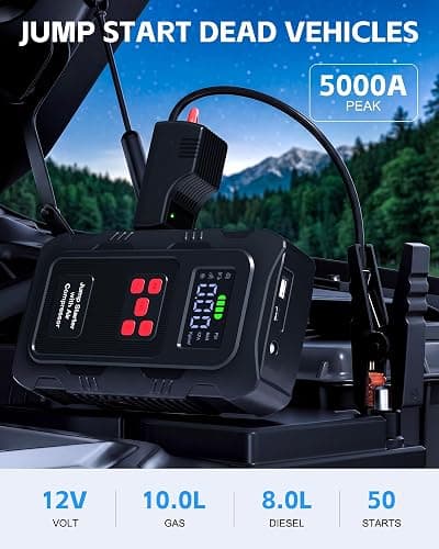 HPBS 5000A Jump Starter with Air Compressor, Portable Car Battery Jump Starter with 150 PSI Tire Inflator for Up to 10.0L Gas and 8.0L Diesel Engines, 12V Jump Box Battery Charger Booster(Red) thumbnail 2