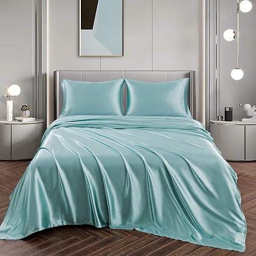 Vonty Satin Full Aqua Sheets, Fitted + Flat + 2 Pillowcases | Silky Satin Protects Hair, Reduces Facial Wrinkles, Deep Pocket Up To 15 Inch, Machine Washable, Year-Round Comfort thumbnail 4