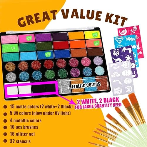 Bowitzki Face Paint Kit,42 Water Based Non Toxic Face Paint with face paint Colors,16 Glitters, 32 Stencils & 10pcs Brushes, Professional Body Face Paint Makeup For Party,Halloween,Carnival,Festival thumbnail 2