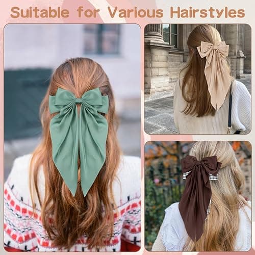 6 PCS Hair Bows for Women, Big Bow Hair Clips for Girls, Silky Satin Hair Bow Clips Oversized, Large Cute Aesthetic Hair Accessories Christmas Gifts Holiday Green Color thumbnail 2
