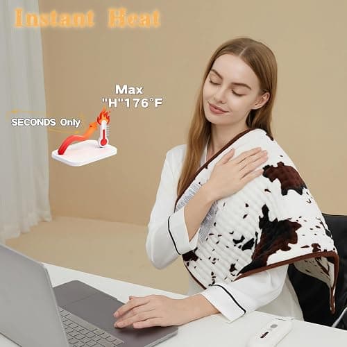 Cow Print Electric Heating Pad – 17 x 33 inch, 3 Heat Settings & 2-Hour Auto Shutoff, Fast Heating, Soft and Cozy for Neck, Shoulder & Back Relief (17"x 33") thumbnail 5