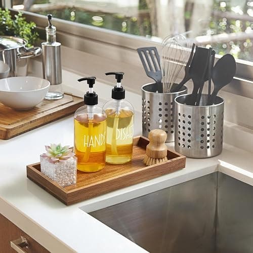 ALELION 13" Bathroom Vanity Tray for Counter - Acacia Wood Decorative Tray for Toilet Tank Makeup Perfume Jewelry Catchall Coffee Table - Wooden Kitchen Countertop Organizer for Soap Dispenser thumbnail 7