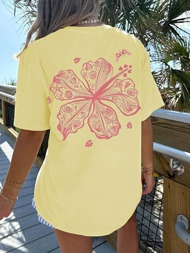 Oversized Graphic Tshirts for Women Teens Y2K Flower Short Sleeve Baggy Shirts Summer Aesthetic Beachy Coastal Tops thumbnail 2