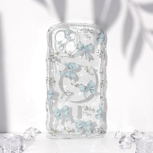 Urarssa Magnetic Case for iPhone 15, Glitter Cute Curly Wavy Frame Aesthetic Ribbon Bow Pattern Clear Case for Women Girls, Transparent Slim TPU Bumper Shockproof Protective Cover, Blue Bows thumbnail 5
