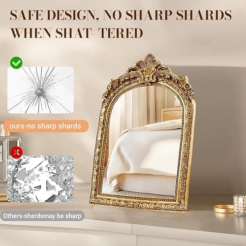 YUSONG Vintage Makeup Desk Mirror - 7" Gold Antique Mirror for Tabletop Resin Frame Decorative Wall Art for Living Room, Bedroom Decor, Vanity Table thumbnail 6