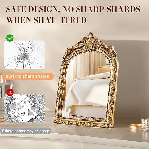 YUSONG Vintage Makeup Desk Mirror, Antique Gold Arched Tabletop Mirror with Resin Frame - Decorative Wall Art for Living Room, Bedroom Decor, Retro Table 9.3" x 5.7" thumbnail 6