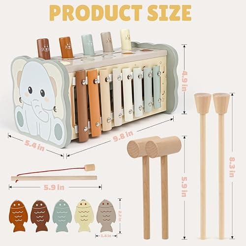 Joyreal Wooden Montessori Toys for 1 Year Old Hammering Pounding Toys | Xylophone, Fishing Game, Gears, Educational Toddler Activities, Christmas Birthday Gifts for 1 2 3 Year Old, Neutral Color thumbnail 2