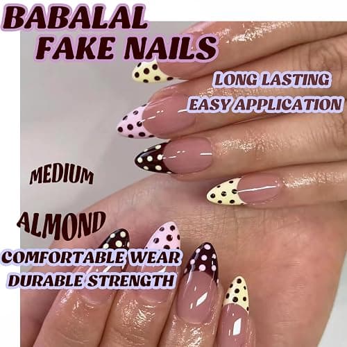 BABALAL Brown Pink Press on Nails Medium Almond Fake Nails Polka Dot Glue ons Design Trendy Cute Acrylic 24Pcs Squoval Full Cover False Nails thumbnail 5