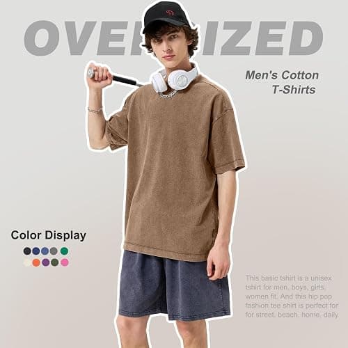 Men's Cotton T-Shirts Oversized Unisex Short Sleeves Casual Loose Wash Solid Basic Tee Tops thumbnail 3