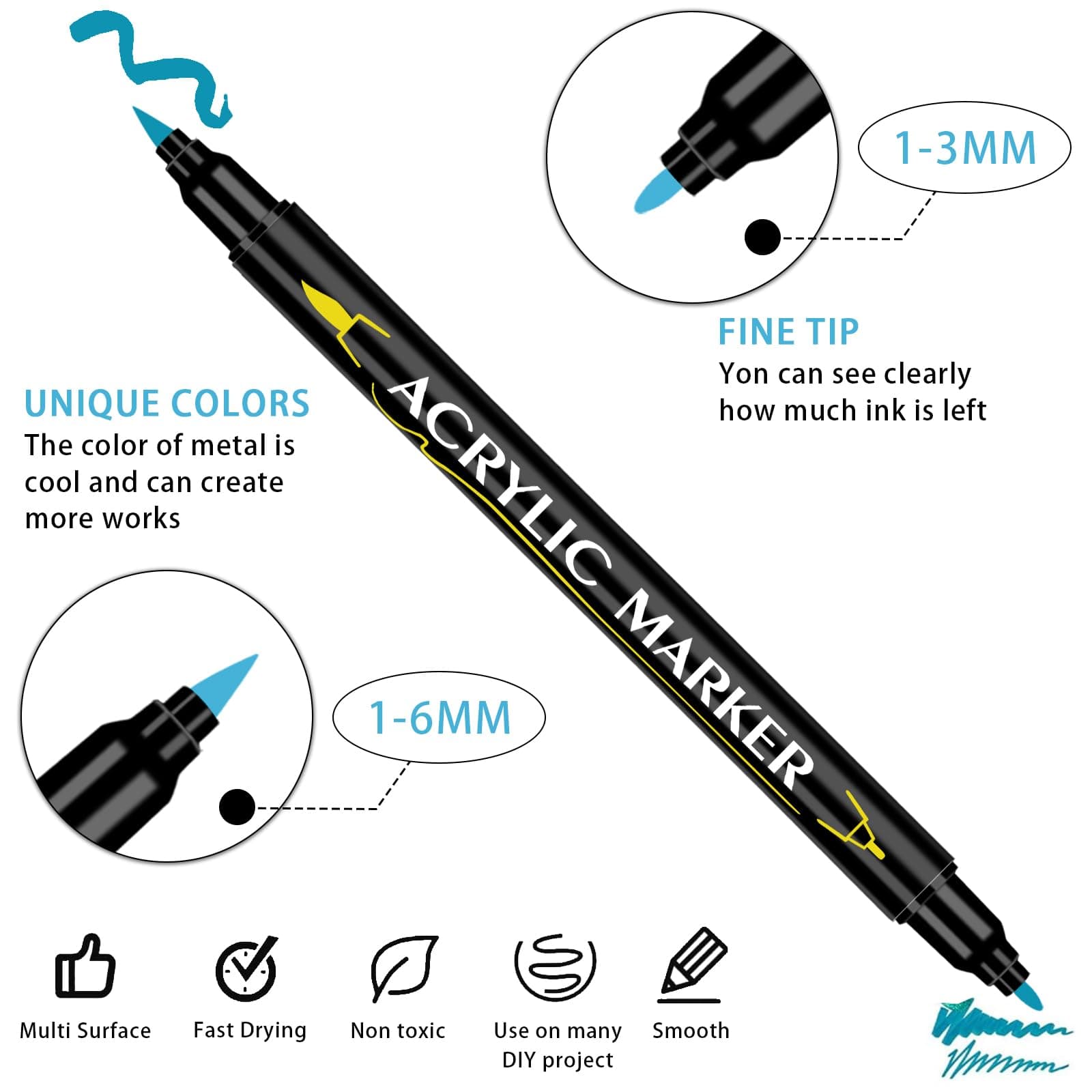 42 Colores de Marcadores Acrílicos Set de Doble Punta, Vibrantes, Ideal para Pintura y Manualidades, Incluye Caja de Cartón (42) thumbnail 3