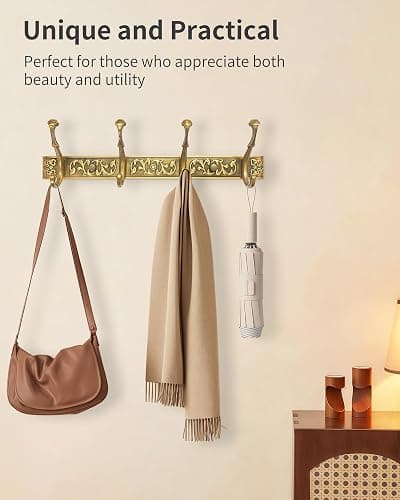 RIXIGOOD Vintage Coat Rack Wall Mount, Decorative Wall Coat Rack with 4 Hooks for Hanging Key Purse Hat Robe Towel Clothes Unique Hanger for Bathroom Shower Entryway Antique Brass 1 Pack thumbnail 6