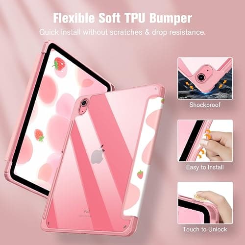 Fintie Hybrid Slim Case for iPad (A16) 11th Generation 11 Inch (2025), iPad 10th Generation 10.9 Inch (2022) - Shockproof Cover with Clear Transparent Back Shell & Pencil Holder, Strawberry Cow thumbnail 6