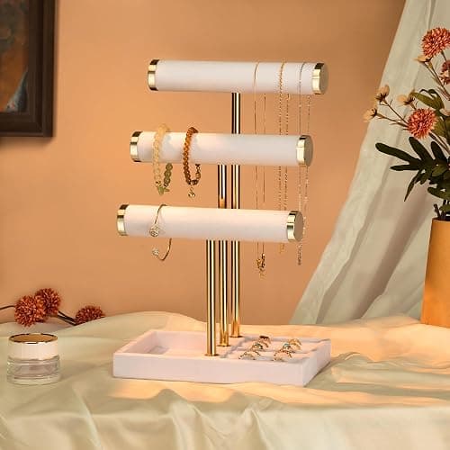 Josmimic 3 Tier Bracelet Holder Display - Detachable T Bar White Velvet Bracelet Holder, Jewelry Holder Organizer for Bracelet, Necklace, Watches, Rings thumbnail 5