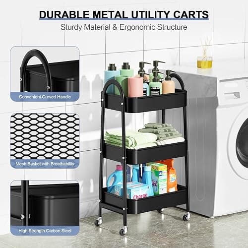 EAGMAK 3 Tier Utility Rolling Cart, Metal Storage Cart with Handle and Lockable Wheels, Multifunctional Storage Organizer Trolley with Mesh Baskets for Kitchen, Living Room, Office, Garage (Black) thumbnail 3
