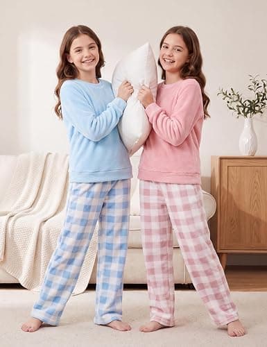 Weixinbuy Girls Fuzzy Pants Set Winter Flannel Fleece Outfits Pajamas Set for Kids Girls Crewneck Top & Plaid Pants Sweatsuit thumbnail 4