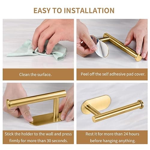 LAYUKI Toilet Paper Holder,Gold,Wall Mount, Upgraded Adhesive Toilet Roll Holder,no Drilling,Bathroom/Rv/Washroom,SUS 304 Stainless Steel,Rustproof (Gold, 1 Piece) thumbnail 6