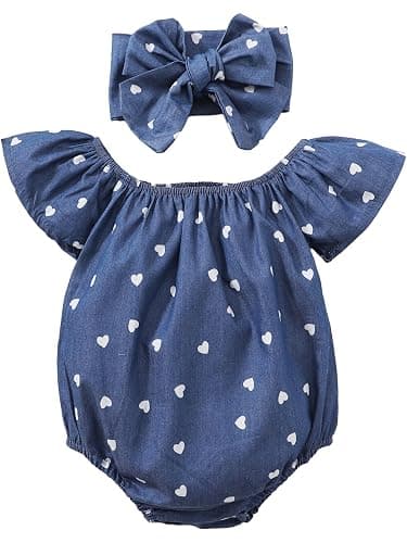 FirstTrail Baby Girl Summer Clothes Outfits Flutter Sleeve Denim Heart Romper One Piece Jumpsuit Bodysuit - Image 1