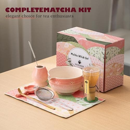 Matcha Tea Set, 8 Pcs Japanese Matcha Kit with Cherry Blossom and Wave Design Ceramic Bowl, Bamboo Whisk, Whisk Holder, Scoop, Sifter, Brush, Matcha Kit Set for Matcha Lovers (Pink Gradient) thumbnail 5