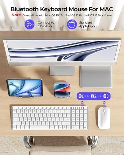 seenda Bluetooth Keyboard and Mouse Combo for Mac, SKM64-2 Rechargeable Silent Wireless Keyboard Mouse Compact Slim, 3 Multi-Device Connection, Compatible for Mac MacBook Pro/Air iPad, White Silver thumbnail 2