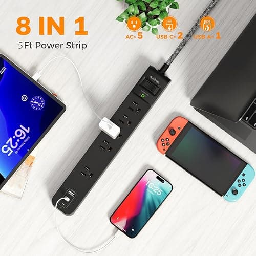 2 Pack Surge Protector Power Strip - USB C Power Strip, Flat Extension Cord with 5 Widely 3 USB (2 USB-C) Ports, Desktop Charging Station for Home Office College Dorm Room Essentials thumbnail 2