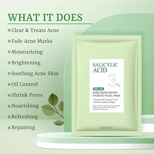 YTRAJU Anti Acne Face Mask Salicylic Acid Face Masks Skincare, Hydrating Face Masks, Soothing Facial Sheet Masks Skin Care for Acne Prone, Acne Mask for Pimple Breakouts Oil Control, 10 Pack thumbnail 2