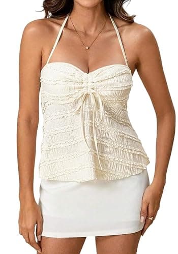 ASKHOPE Women's Ruched Halter Tops Peplum Cami Tops Y2K Drawstring Tie Crop Top for Summer Going Out Dressy Casual thumbnail 4