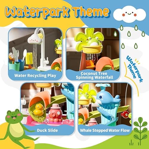Play Sink with Running Water, 4-in-1 Kids Kitchen Sink Toys with Electric Faucet, Water Table Floating Pool Toy w/Fishing Game, Duck Slide, Pretend Play Dishwasher Set for Toddler Boys Girls (Pink) thumbnail 3