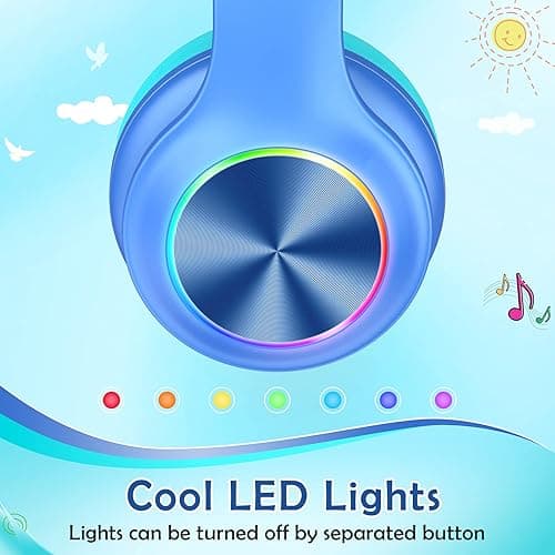Candy Bila Kids Bluetooth 6.0 Headphones with LED Light, 85Hours Playtimes, Type-C Fast Charging, 85/94dB Volume Limited, Comfort Wireless Headphones with Built-in Mic, Wired & TF Card Mode, Blue thumbnail 4