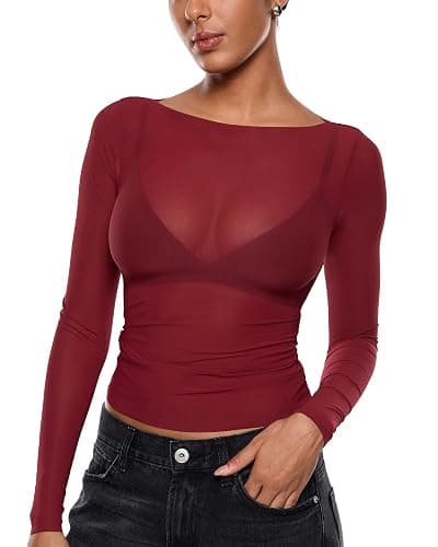 INLYRIC Women's Cosnufy Mesh Sheer Long Sleeve Tops See Through Boat Neck Going Out Tops Trendy Sexy Shirts - Image 1