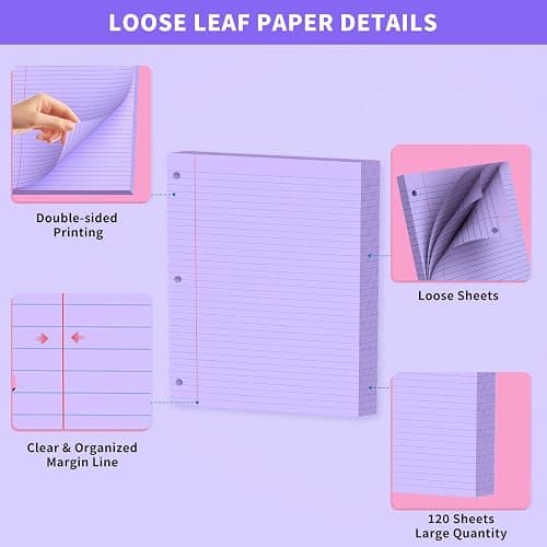 Purple Loose Leaf Paper 120 Sheets Purple Paper 8" x 10.5" College Ruled Paper Colored Notebook Paper 3-Hole Punched Lined Paper, 3 Ring Binder Paper 8 x 10.5 Filler Paper for School Office Supplies thumbnail 3