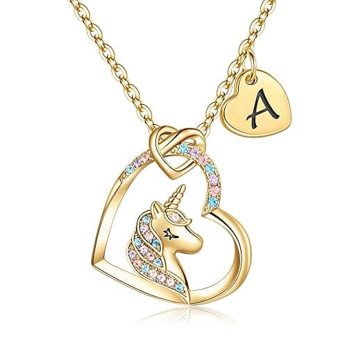 Hidepoo Unicorn Necklace Gifts for Girls - 14K Gold/Rose Gold/White Gold Plated Colorful CZ Heart Unicorn Necklace Little Girls Jewelry Initial Unicorn Necklace Birthday Gifts Unicorn Gifts for Girls - A. - Gold - Image 1