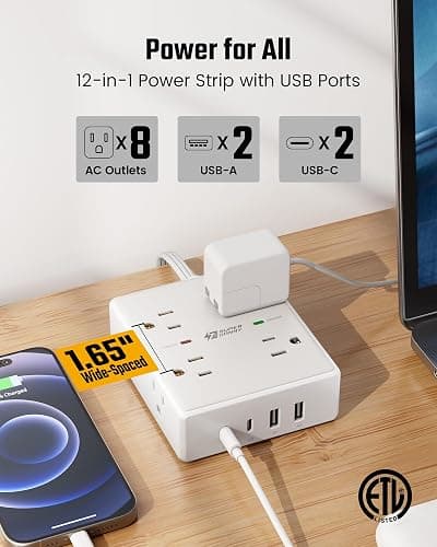 10Ft Extension Cord with Multiple Outlets, Flat Plug Surge Protector Power Strip 10 Ft Long Cord, 8 Outlets & 4 USB Ports (2 USB C), Desk Charging Station for Home Office, College Dorm Room Essentials thumbnail 3